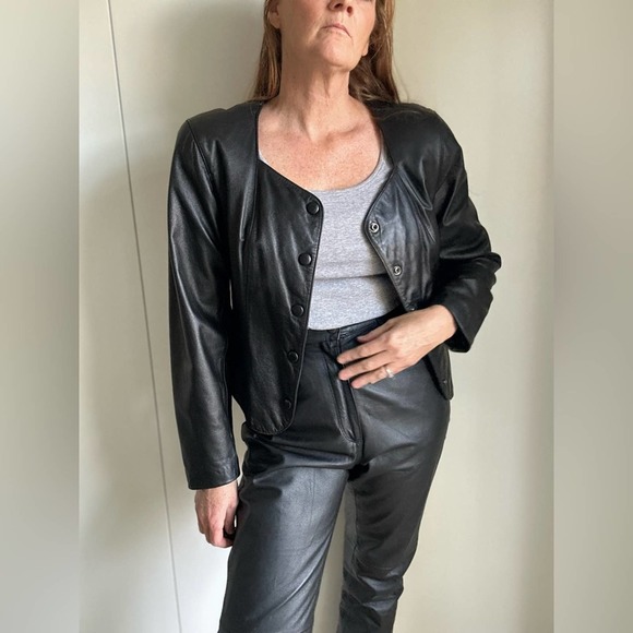 90s Wilsons Leather Jacket Cropped Snap Front Biker Babe Sexy Gothic Witchy MED - Picture 3 of 13
